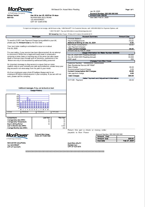 USA Mon Power business utility bill template in Word and PDF formats